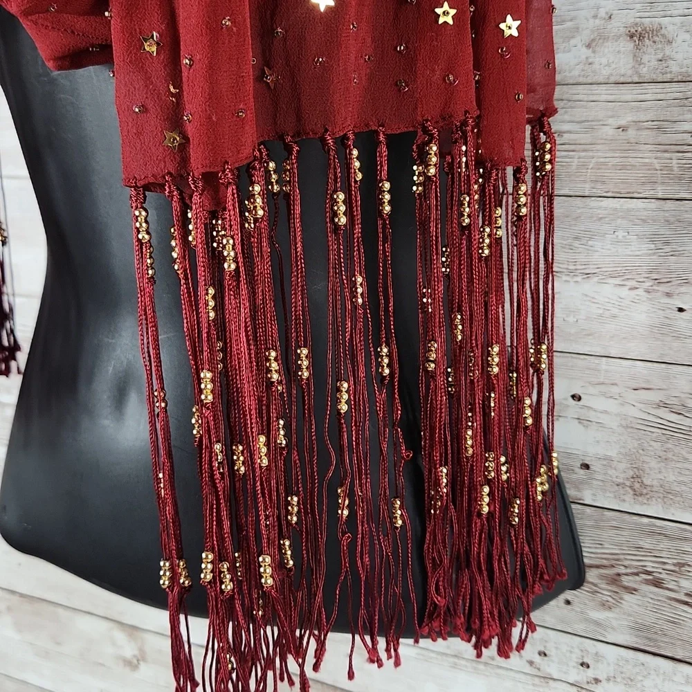 Fashion Scarf, Red with gold hardware and fringes, 70" long. - Picture 3 of 6